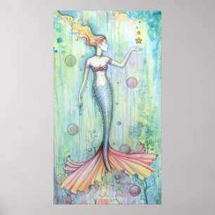 Bubbles Watercolor Mermaid Affisch Print
