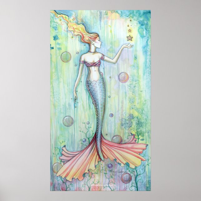 Bubbles Watercolor Mermaid Affisch Print (Framsidan)