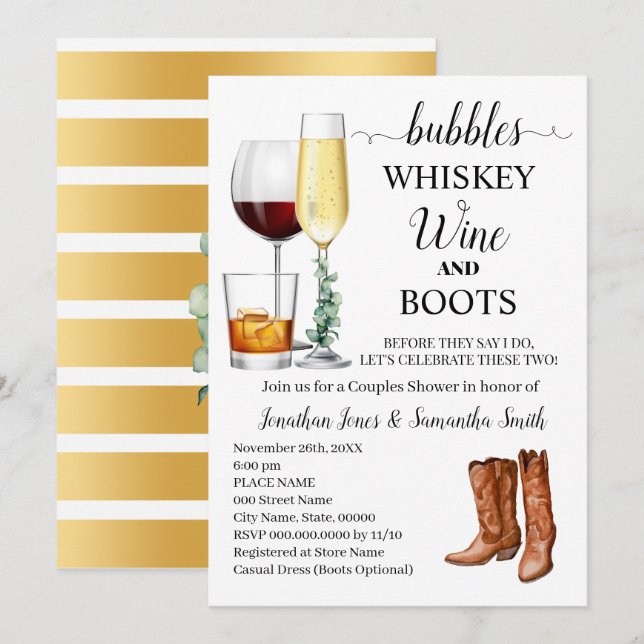 Bubbles Whiskey Vin & Boots Par Shower Inbjudningar (Fram/baksida)