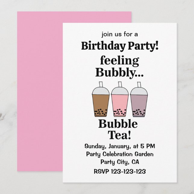Bubbletea-dryck Rolig Födelsedagsfest Inbjudningar (Fram/baksida)