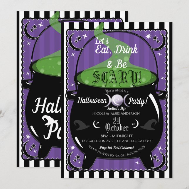 Bubbling Cauldron Whimsical Witch Halloween fest Inbjudningar (Fram/baksida)
