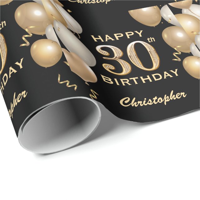 Bubblor 30års födelsedag Black och Guld Glitter Presentpapper (Rullad Hörn)