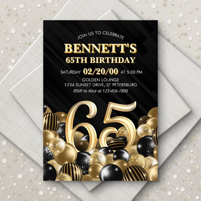 Bubblor Black Guld 65e Birthday Inbjudningar (Skapare uppladdad)
