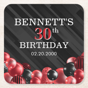 Bubblor Black Red Birthday Underlägg Papper Kvadrat