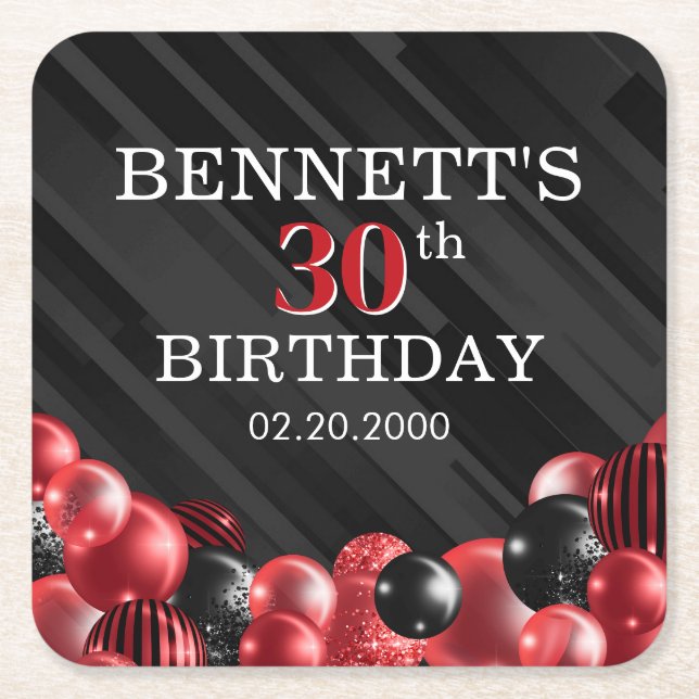 Bubblor Black Red Birthday Underlägg Papper Kvadrat (Framsidan)