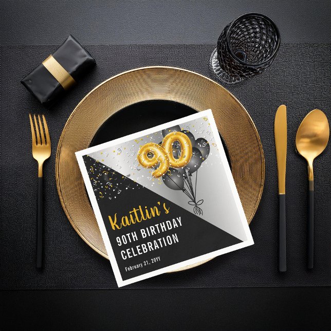 Bubblor Elegant Black | 90:E FÖDELSEDAGSFESTEN GUL Pappersservett (Elegant Black Balloons and Gold Tone Balloon Numbers 90th Birthday Party Paper Napkins)