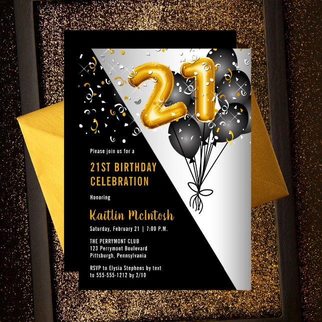 Bubblor Elegant Black | Guld 21:a födelsedagen Par Inbjudningar (Balloons Elegant Black and Faux Gold 21st Birthday Party Celebration Invitation)