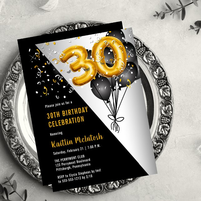 Bubblor Elegant Black | GULD 30ÅRS FÖDELSEDAG PART Inbjudningar (Balloons Elegant Black, Gold and Silver Tone 30th Birthday Party Invitation )