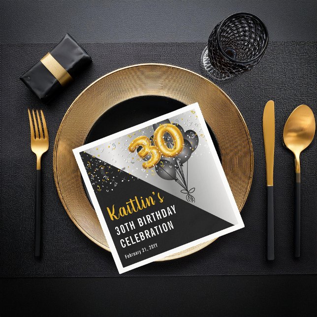 Bubblor Elegant Black | GULD 30ÅRS FÖDELSEDAG PART Pappersservett (Elegant Black Balloons and Gold Tone Balloon Numbers 30th Birthday Party Paper Napkins)