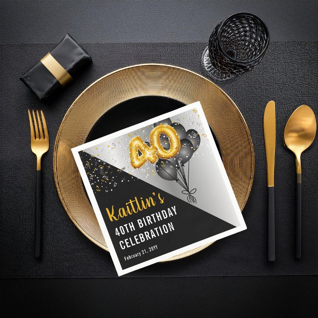 Bubblor Elegant Black | Guld 40:e födelsedagen Par Pappersservett (Elegant Black Balloons and Gold Tone Balloon Numbers 40th Birthday Party Paper Napkins)