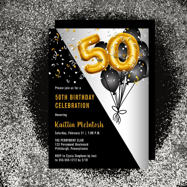 Bubblor Elegant Black | Guld 50:e Födelsedagsfeste Inbjudningar (Balloons Elegant Black, Gold and Silver Tone 50th Birthday Party Invitation )