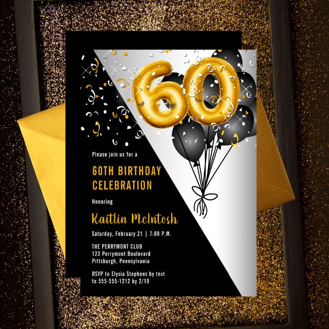 Bubblor Elegant Black | Guld 60:e Födelsedagsfeste Inbjudningar (Elegant Black Balloons |  Gold Number Balloons "60" 60th Birthday Party Invitation Print Digital)