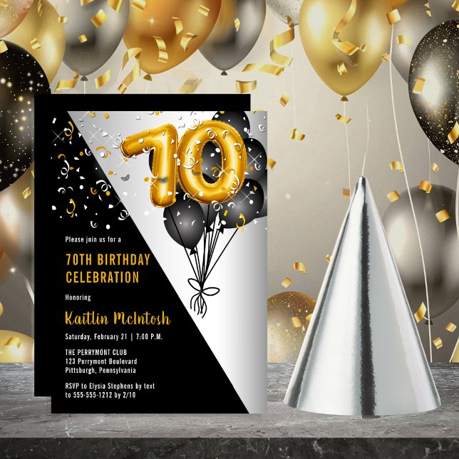 Bubblor Elegant Black | Guld 70:e Födelsedagsfeste Inbjudningar (Balloons Elegant Black, Gold and Silver Tone 70th Birthday Party Invitation )
