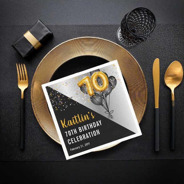 Bubblor Elegant Black | Guld 70:e Födelsedagsfeste Pappersservett (Elegant Black Balloons and Gold Tone Balloon Numbers 70th Birthday Party Paper Napkins)