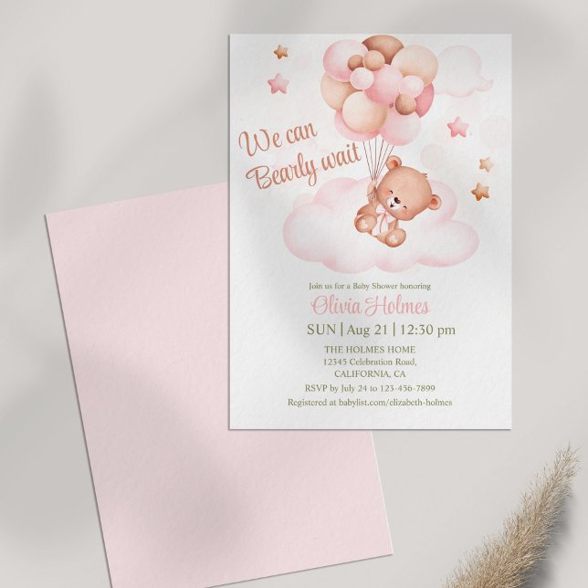 Bubblor för babyskor för nalle och Rosa Inbjudningar (Teddy Bear with Pink Balloons Shower Invitation on table )