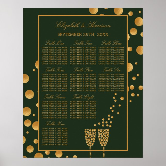 Bubblor för guld-champagne, sittdiagram för Grönt  Poster (Framsidan)