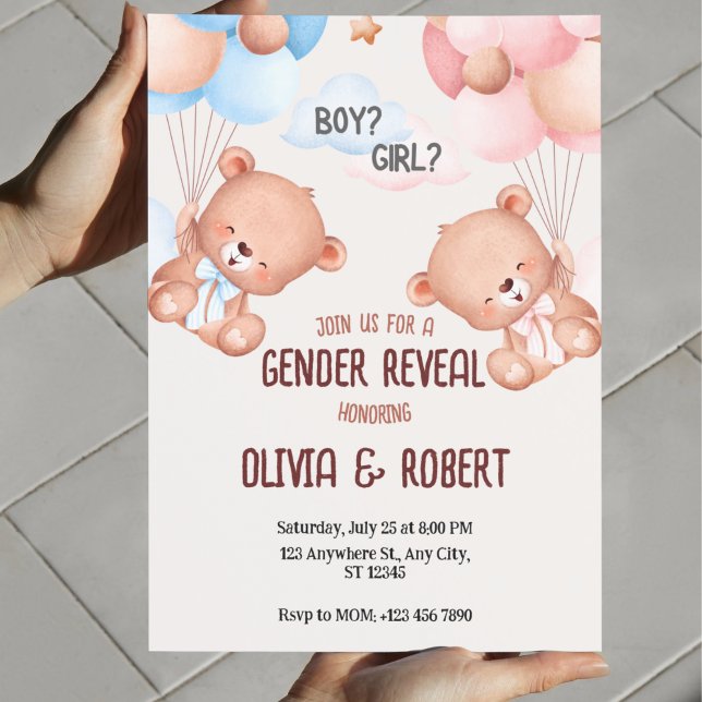 Bubblor för inbjudan att visa Gender för nalle (Gender Reveal Invitation Template Teddy Bear Gender Reveal Invitation)