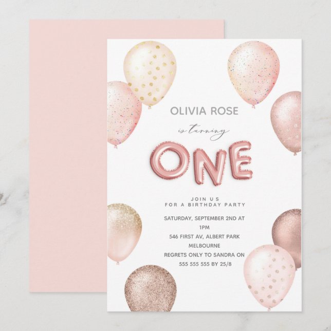 Bubblor för olja och Glitter 1:a födelsedag Party  Inbjudningar (Fram/baksida)