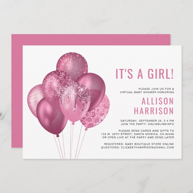 Bubblor för Rosa Glitter vid virtuella Flicka Inbjudningar (Fram/baksida)