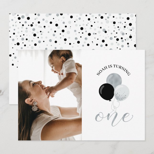 Bubblor för silver och svart | Födelsedag 1 Party Inbjudningar (Fram/baksida)