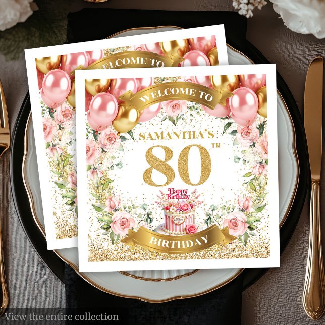 Bubblor & Glitter 80:e Födelsedagsfesten Napkins Pappersservett (Balloons & Glitter 80th Birthday Party Napkins)