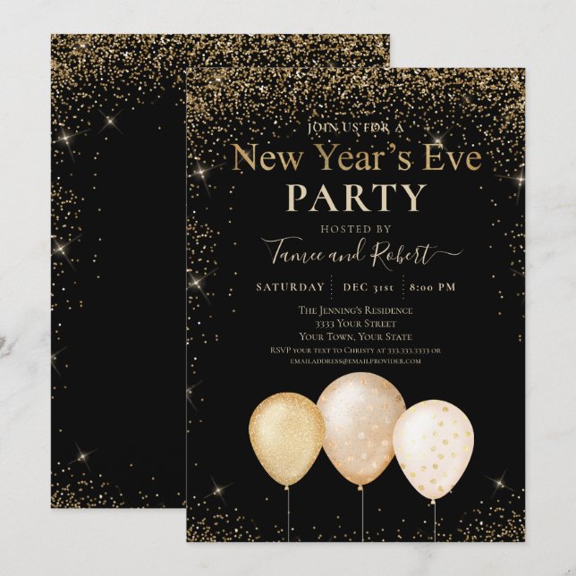 Bubblor guld Glitter Nyårsafton Party Inbjudningar (Fram/baksida)