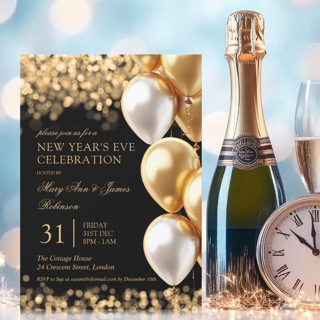 Bubblor i nyårsafton Party Guld Shimmer Ljus Inbjudningar (New Years Eve Party Gold Shimmer Lights Balloons Invitation)