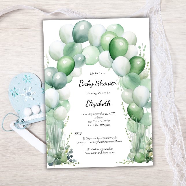 Bubblor med blå Grönt Blommigt Pojke Babykläder Inbjudningar (Blue Green Balloon Arch Floral Baby Boy Baby Shower Invitation.)