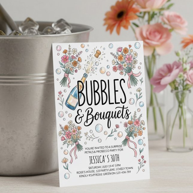 Bubblor och buketter Prosecco och kronblad fest Inbjudningar (Bubbles & Bouquets perfect for garden brunch & bubbly, flower arranging workshop, petals & prosecco)