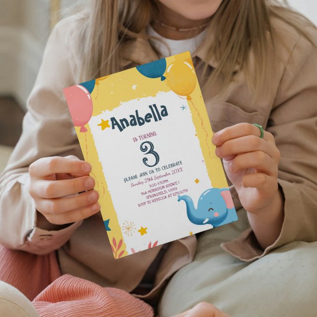 Bubblor och elefant Gult Barns födelsedag Party Inbjudningar (Skapare uppladdad)