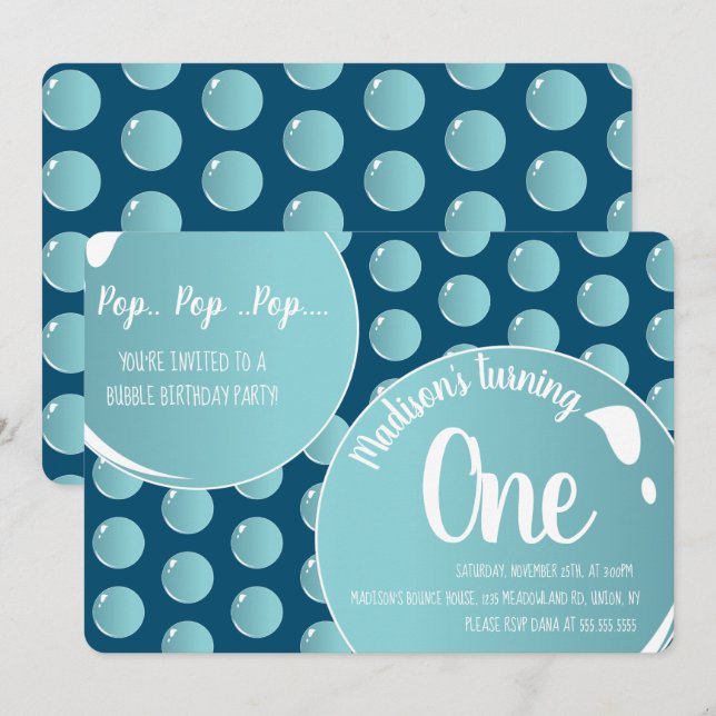 Bubblor Pop Pop Pop Födelsedagsfest Inbjudningar (Fram/baksida)