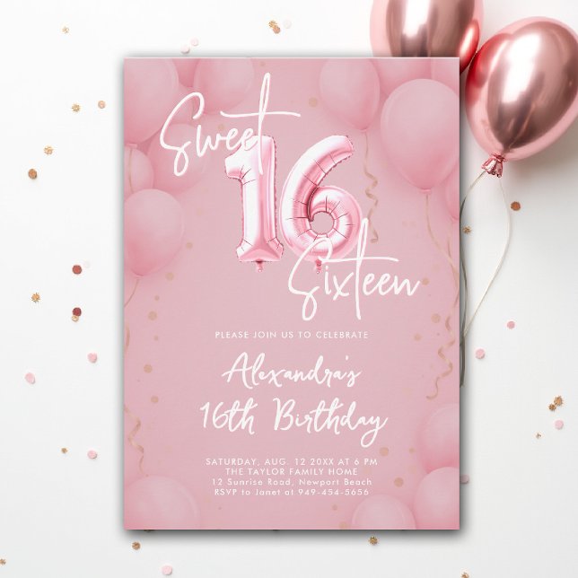 Bubblor Rosa Elegant Calligraphy Modern Sweet 16 Inbjudningar (sweet sixteen invitation 16th birthday party pink balloons calligraphy milestone glam feminine)
