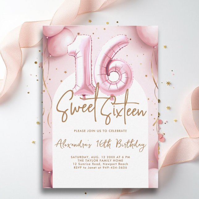 Bubblor Rosa Guld Arch Calligraphy Sweet 16 Inbjudningar (sweet sixteen invitation 16th birthday party pink gold balloons arch calligraphy glam feminine)
