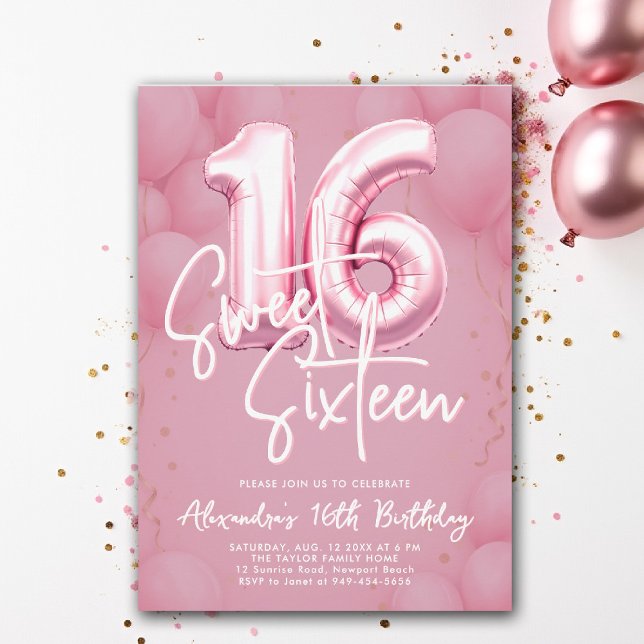 Bubblor Rosa Modern Calligraphy Snyggt Sweet 16 Inbjudningar (sweet sixteen invitation 16th birthday party pink purple balloons calligraphy milestone glam luxury)