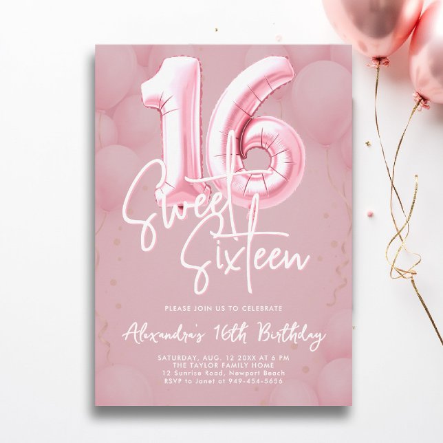 Bubblor Rosa  Modern Calligraphy Sweet 16 Inbjudningar (sweet sixteen invitation 16th birthday party pink blush balloons calligraphy milestone glam feminine)