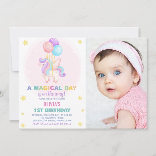 Bubblor Unicorn Birthday-inbjudningar med foto Inbjudningar (Framsida)