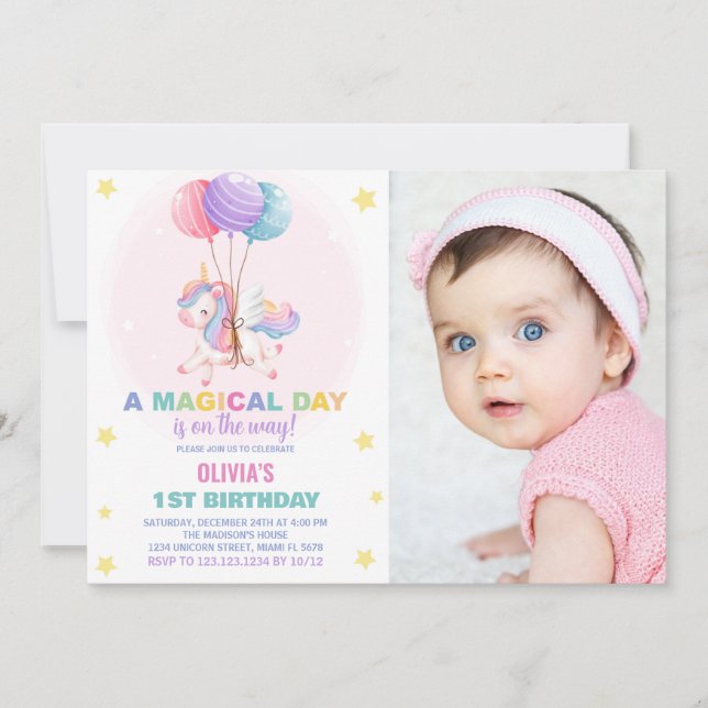 Bubblor Unicorn Birthday-inbjudningar med foto Inbjudningar (Framsida)