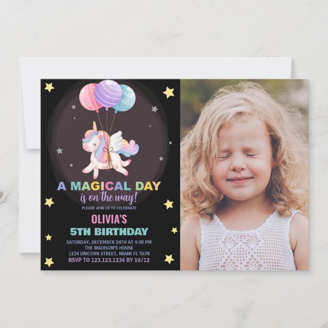 Bubblor Unicorn Birthday-inbjudningar med foto Inbjudningar (Framsida)