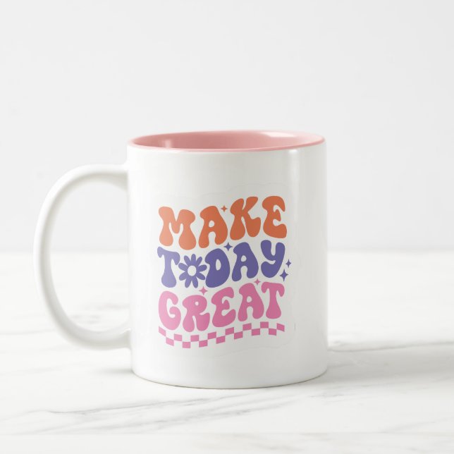 Bubbly 70s Style MAKE TODAY GREAT Cheerful Cute Två-Tonad Mugg (Vänster)