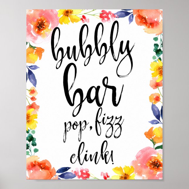 Bubbly Bar  Blommig akvarell 8x10 bröllopsskylt Poster (Framsidan)