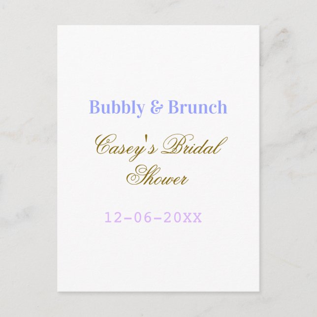 Bubbly och brunch bröllopsfest namndatum lila g vykort (Framsida)