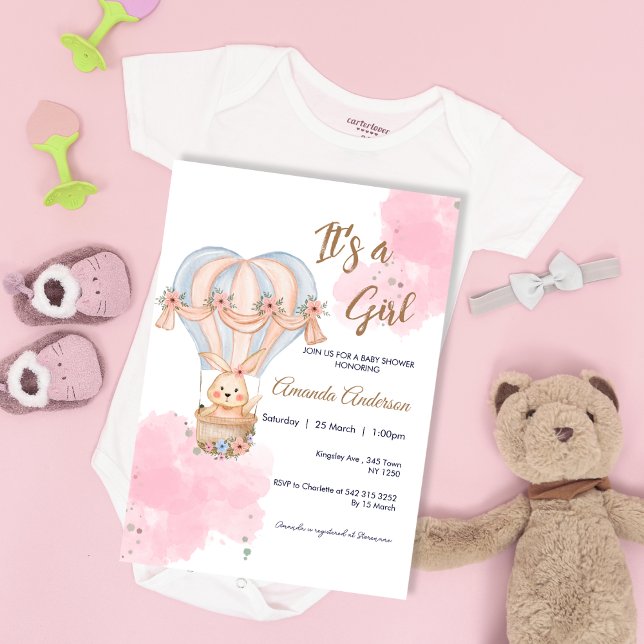 Bubjud för babyskor för rosa Girl-kanin Babbit Bal Inbjudningar (Pink Girl Rabbit Balloon Baby Shower Invite)