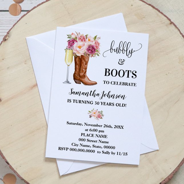 Bubly & Boots Rosa Flowers Birthday Inbjudningar (Skapare uppladdad)