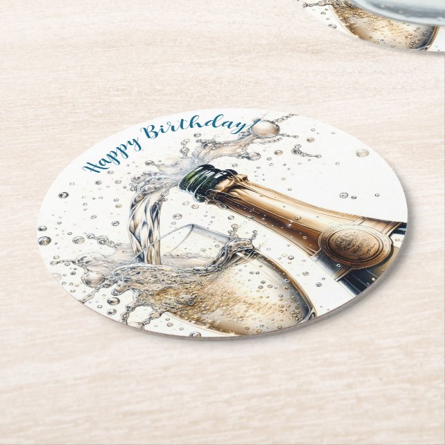 BubLY champagne Grattis på födelsedagen Underlägg Papper Rund (Vinklad)