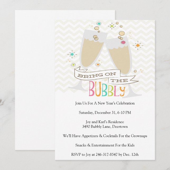 Bubly Champagne Nyårsafton Party Inbjudningar (Fram/baksida)