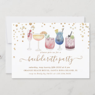 Bubly Cocktails Guld Glitter Bachelorette Party Inbjudningar