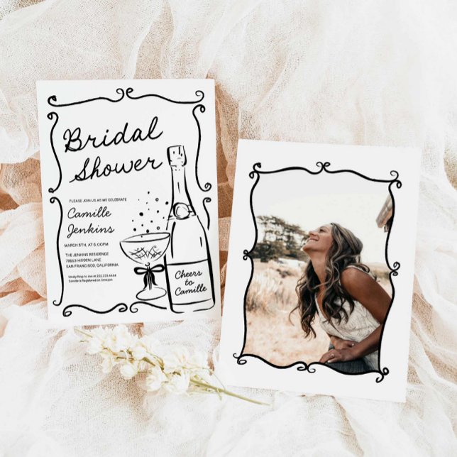 Bubly Möhippa Hand plockade-fotoinbjudan Inbjudningar (Hand Drawn Bubbly Bridal Shower Photo Invitation)