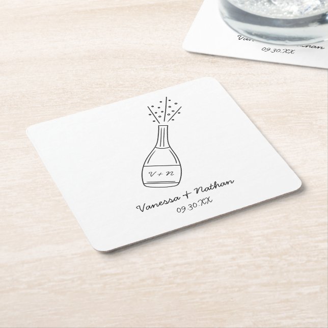 Bubly Popping Champagne Flaska Whimsical Bröllop Underlägg Papper Kvadrat (Vinklad)