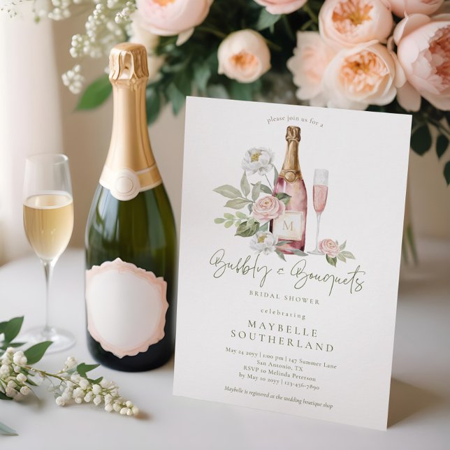Bubly Prosecco Watercolor Bouquet Möhippa Inbjudningar (Watercolor Pink Peony Floral Blossom Bridal Shower Invitation)
