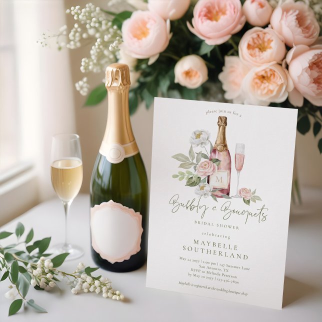 Bubly Prosecco Watercolor Bouquet Möhippa Inbjudningar (Watercolor Pink Peony Floral Blossom Bridal Shower Invitation)